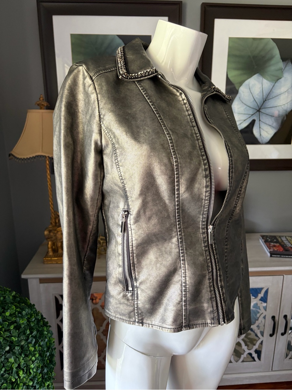 Baccini Pewter Metallic Leather Zip Jacket